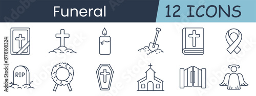 Funeral set icon. Cross, candle, shovel, bible, ribbon, tombstone, wreath, coffin, church, gates, angel, memorial, ceremony, grave, mourning