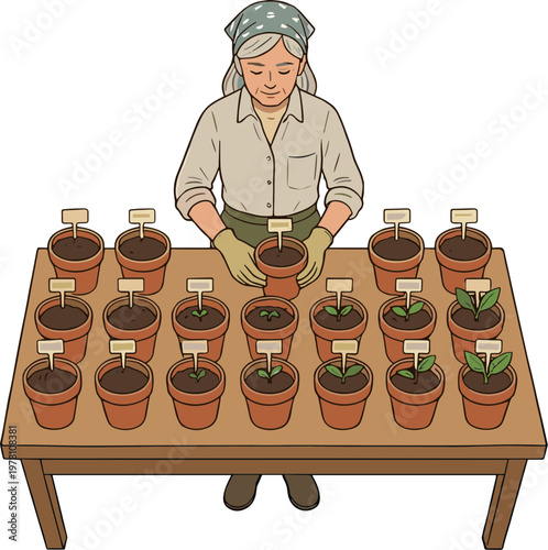 A woman is planting seedlings in pots on a table indoors.