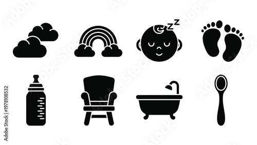 A collection of black silhouette icons depicting baby related items like a rainbow footprints and feeding bottle high quality professional detailed