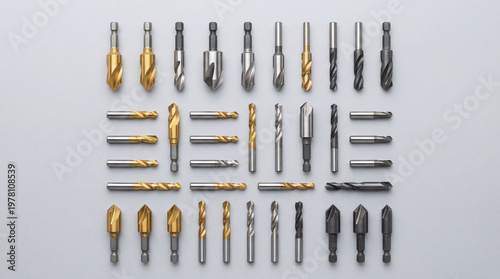 Overhead flat lay of assorted countersink bits arranged on a light-grey surface, showcasing variety and quality in a professional product photography style