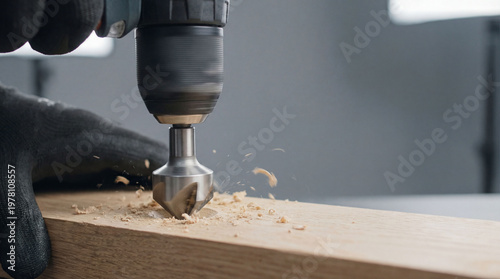 Close-up shot of a countersink bit drilling into a light wood plank, showcasing precision and professionalism in a workshop setting