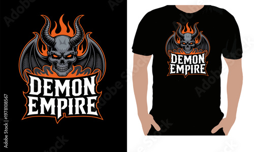 Demon Empire Skull Devil Graphic T-Shirt ? Dark Gothic Flame Horned Demon Design Tee.ai.Unleash your dark side with this bold “Demon Empire” graphic t-shirt featuring a fierce horned skull demon surro