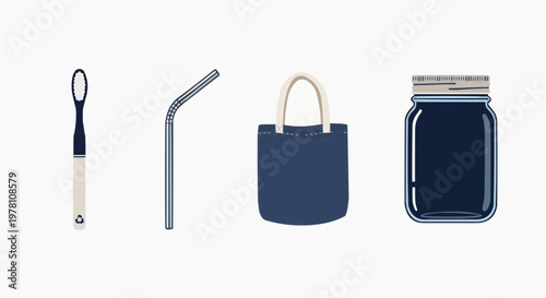 Zero waste lifestyle icons set, reusable bamboo toothbrush and metal straw, navy blue tote bag and glass mason jar, eco friendly sustainable products