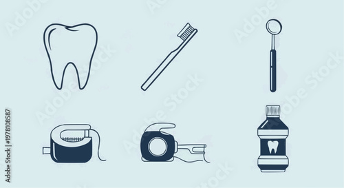 Dental care icon set with tooth, toothbrush and mouthwash. Stomatology hygiene vector elements. Oral health equipment collection for dentistry.