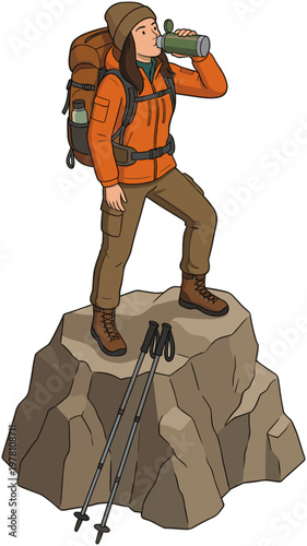 A hiker in an orange jacket stands on a rocky cliff drinking from a bottle with trekking poles nearby.