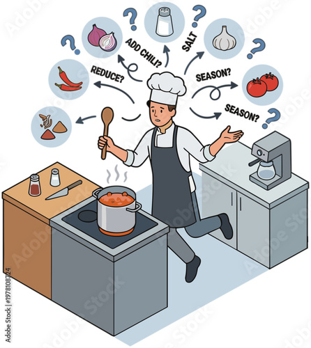 A chef is cooking a meal with various seasonings in a kitchen.