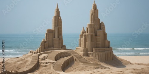 Miniature cityscape made of sand, featuring detailed skyscrapers and architectural structures on a sandy base.