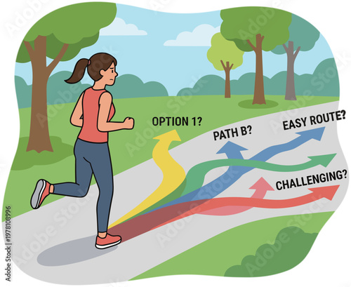 Woman running on a park path with multiple route options ahead.
