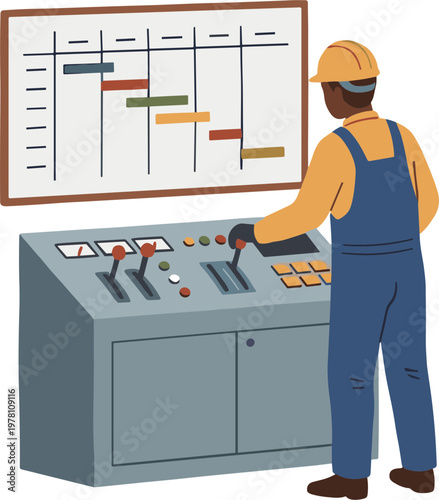A worker operates industrial controls in a factory setting with a graph.
