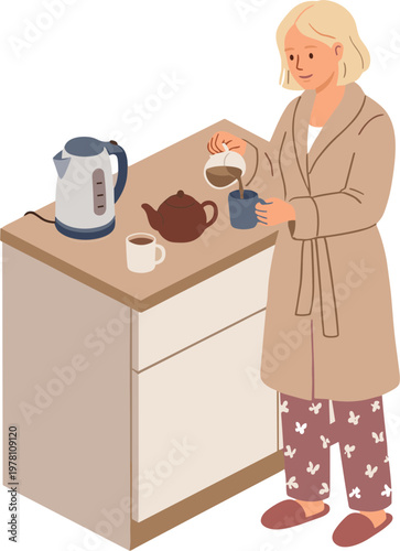 A woman in a robe pouring coffee into a mug from a teapot on a kitchen counter.