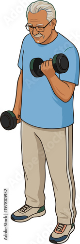 An older man exercising with dumbbells in a fitness setting indoors alone