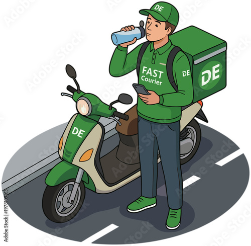 Delivery man on scooter drinking water while checking phone on road