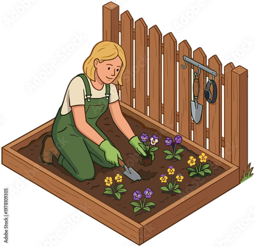 Woman gardening in a fenced backyard plot with flowers and tools.