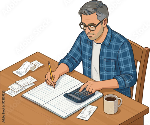 Man sitting at desk calculating bills with papers and coffee