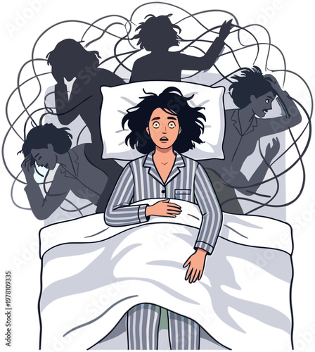 Woman lies awake in bed surrounded by stressful thoughts and worried silhouettes.