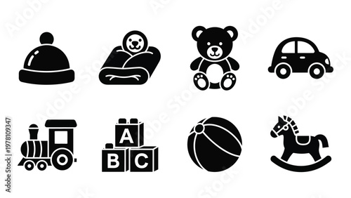 A collection of black silhouette icons depicting various baby and childhood items including toys and clothing high quality professional detailed modern