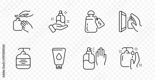 Hygiene product set icon. Hand wash, sanitizer bottle, price tag, dispenser, liquid soap, gel tube, clean hands, personal care