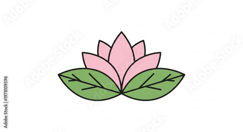 Pink lotus flower with green leaves on white background symbolizing serenity and nature
