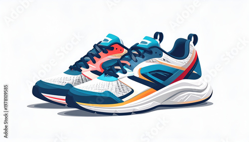 Modern running shoes illustration in blue orange and white sporty design