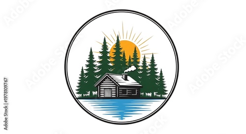 Scenic Cabin in the Woods with Sun and Trees, Nature Illustration.