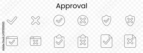 Approval set icon. Outline validation symbols, check mark, cross mark, circle check, circle cross, shield check, shield cross, approved card, rejected card, clipboard check, clipboard cross