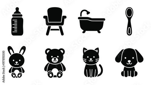 A collection of black silhouette icons depicting baby items including toys furniture and care essentials high quality professional detailed modern elegant