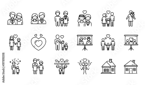 Family and romantic life icons – relationship and event vector set