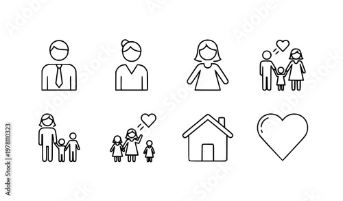 Family icon set – father, mother, home, and affection vector icons