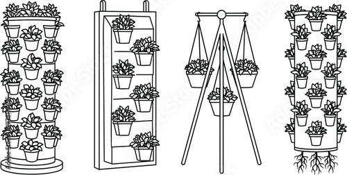 Line art collection of vertical garden systems, hydroponic planting towers, hanging flower pots, and wall planters isolated on white background.