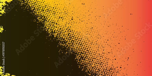 Abstract grunge background with orange and yellow liquid bubbles and gold halftone texture creates a macro pattern of cold alcohol drops