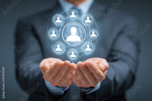 Business professional holding a holographic network of connected user profiles in their hand, symbolizing team management or customer relations
