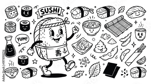 Vintage 1930s Retro Mascot Sushi Japanese Food Illustration Set
