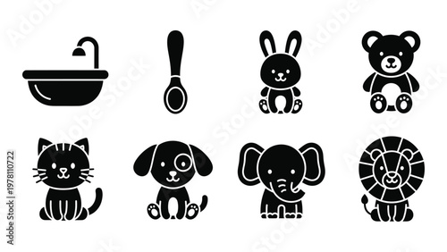 A collection of black silhouette icons depicts baby items and various cute animal characters including a lion high quality professional detailed