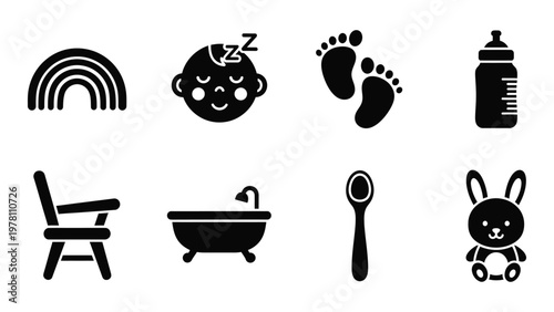 A collection of black glyph icons represents baby essentials including a rainbow footprints bottle and toys high quality professional detailed modern