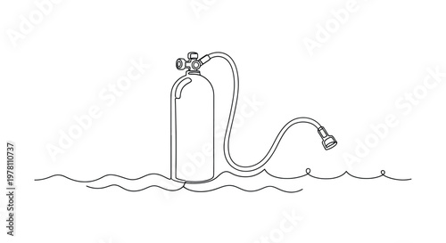 Scuba diving tank and hose floating on water, depicted in continuous line art style