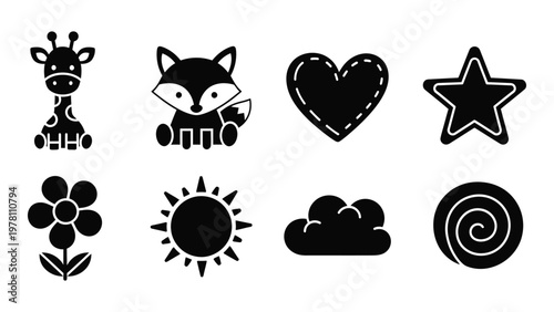 A collection of simplistic black and white icons depicts a giraffe fox heart star flower sun clouds and swirl high quality
