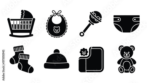 A collection of monochrome icons depicting essential baby items including a crib clothes and toys high quality professional detailed modern elegant