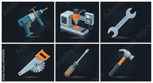 Collection of Industrial Tools and Machinery Icons.