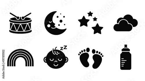 A collection of black silhouette icons depicting baby related themes like sleep dreams and essential care items high quality professional detailed