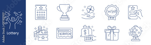 Lottery set icon. Collection with celebration figure, numbered ticket, trophy cup, clover hand, win badge, lottery card, coin stack, scratch card, money bag, gift box, drum machine.