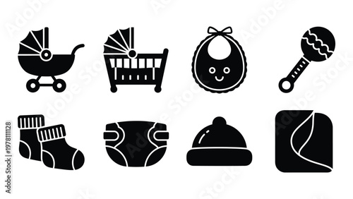 A collection of black silhouette icons depicting various baby essentials like strollers cribs and clothing items high quality professional detailed modern