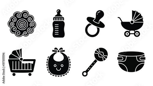 A collection of black silhouette icons depicts various baby essentials including a mobile bottle pacifier and stroller high quality professional detailed