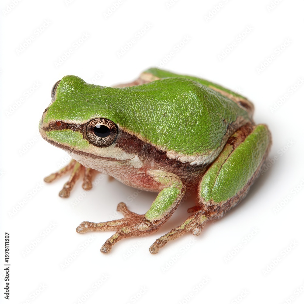 Obraz premium Close-up of a green tree frog with striking brown striped patterns. World Frog Day
