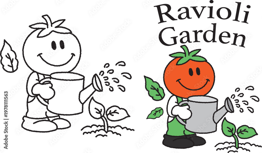 Fototapeta premium Cute Tomato Gardener Watering Plant Cartoon Illustration