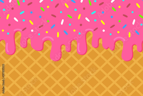 Ice cream pattern with pink dripping frosting and colorful sprinkles over waffle cone background, cute seamless dessert pattern design for packaging, textiles, wallpapers, and digital prints.
