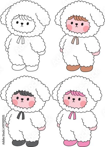 Cute Kids in Fluffy Sheep Costumes Cartoon Set Illustration