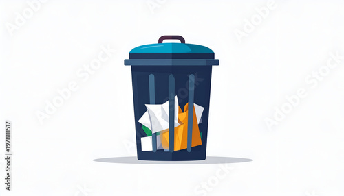 Vector illustration of an overflowing trash bin filled with crumpled papers and trash