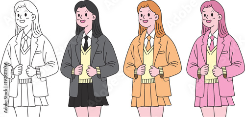 Cute Schoolgirl Standing in Uniform Cartoon Illustration