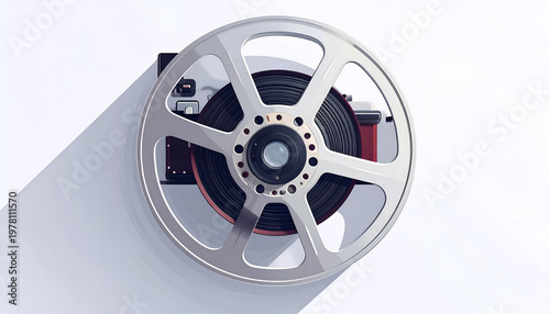 Vintage movie film reel on camera viewed from above in colorful illustration