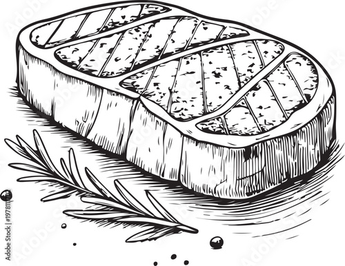 Sirloin Steak Hand-drawn Sketch Drawing Vector Illustration, Line Linear Symbol Black and White Engraving, Isolated